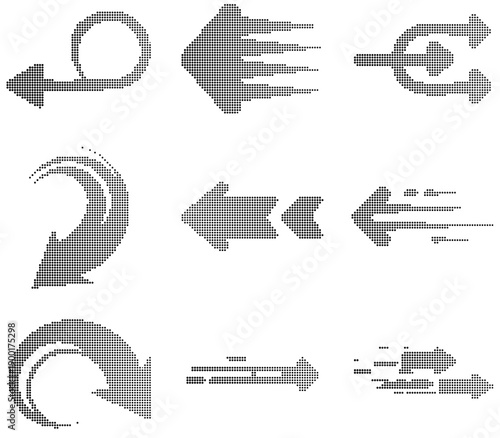 Halftone Air Flow Arrow Icons Set. Dotted Motion Speed Wind Direction Symbols, Dynamic Flow Outline Vector.