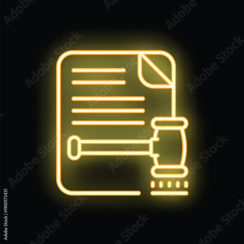 Neon yellow glowing symbol of a gavel striking a document for legal decisions