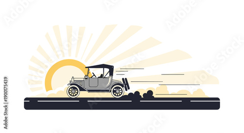Classic vintage grey car speeding down a road against a radiant sunset with sun rays and a dust cloud.