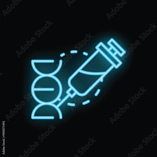Glowing blue neon syringe injecting dna double helix representing gene editing concept