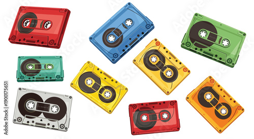 Collection of colorful retro audio cassette tapes scattered dynamically, representing vintage music and recording
