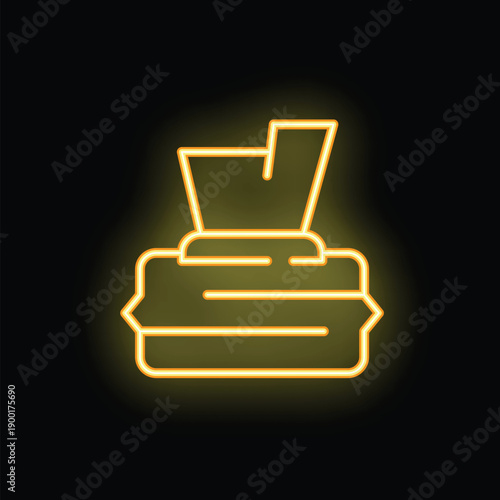 Bright yellow neon icon of a wet wipes pack glowing on black background