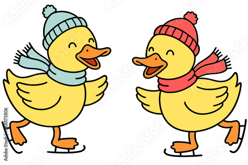 Ducks ice skating in winter wear enjoy fun time on ice at an outdoor rink during a sunny day in a cartoon scene vector on transparent background