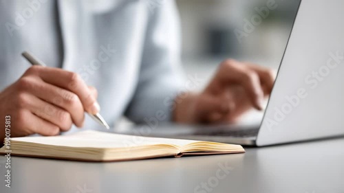 Male professional simultaneously writing handwritten notes in notebook while typing on laptop keyboard, blending traditional and digital work techniques for enhanced productivity