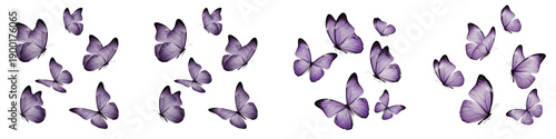 Set of elegant purple butterflies flying in groups, aesthetic watercolor butterfly wings collection isolated on white background