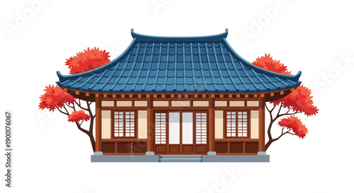 Traditional Japanese temple with a blue tiled roof, flanked by vibrant red maple trees in an autumnal cultural setting.