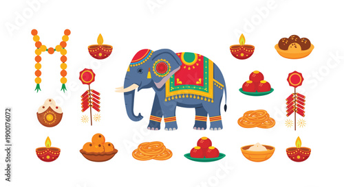 Collection of colorful Diwali festive elements including a decorated elephant, oil lamps, fireworks, and traditional