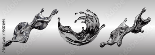 Abstract pixel chrome liquid splashes with glossy metallic texture. Futuristic Y2K elements.