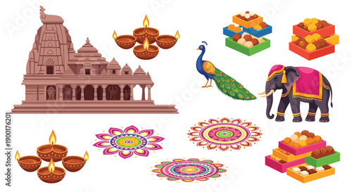 Grand Indian temple alongside decorative rangoli, a peacock, an elephant, and traditional Diwali festive items and