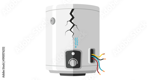 Damaged water heater with a cracked exterior and exposed wiring
