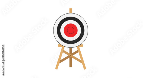 A colorful dartboard displayed on a wooden easel centered in the frame