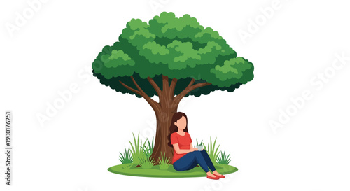 Woman reading a book peacefully under the shade of a lush green tree