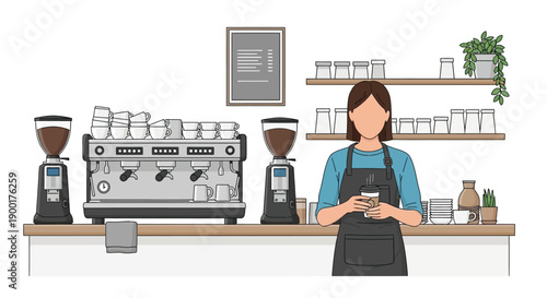 A barista stands behind a coffee machine in a modern cafe setting