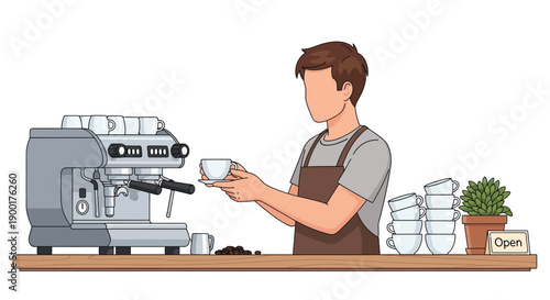 A barista prepares a coffee drink behind a cafe counter