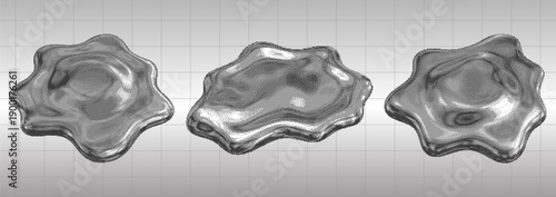 Abstract pixel chrome liquid blobs with glossy mercury surface. Futuristic Y2K elements, molten metal forms, dithered reflective textures.