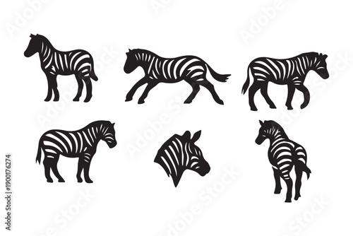 African Zebra Vector Icons Set Wildlife Striped Horse Mammal Graphic Illustrations
