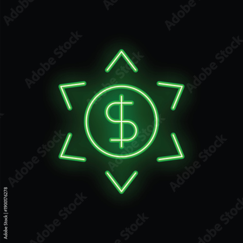 Green neon sign of a dollar sign glowing with arrows pointing inwards on a black background