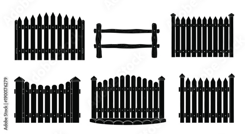 Black picket fences in various styles and arrangements isolated on white