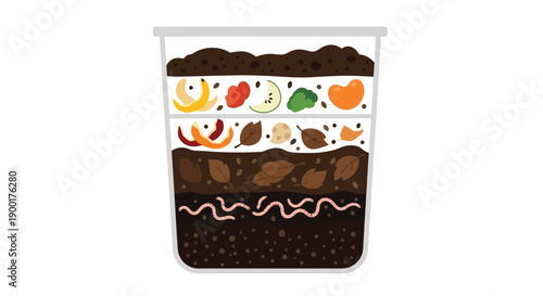Illustration of a layered compost bin with fruits vegetables and worms