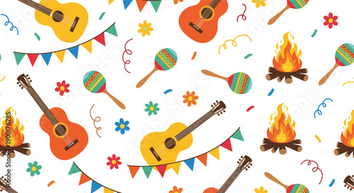 Vibrant fiesta celebration with acoustic guitars, maracas, and bonfires, evoking joyful music and festive summer nights