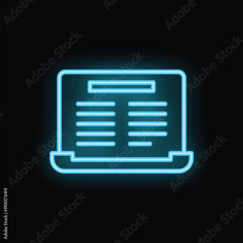 Bright blue neon icon of an online article glowing on a black background