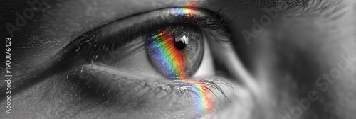 black and white photograph of an eye with a colorful rainbow reflection, against a white background, with space for text Generative AI