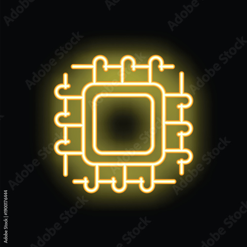 Yellow neon sign representing a microchip, evoking computing power, technology and innovation