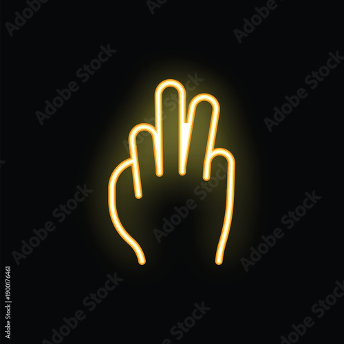 Neon yellow hand with three fingers up on a black background