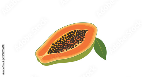Vibrant, fresh papaya half with abundant seeds and a green leaf offers a burst of tropical flavor and healthy goodness for your next project