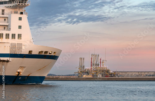 Cargo ship on a Baltic Sea in Swinoujscie town, West Pomerania region of Poland