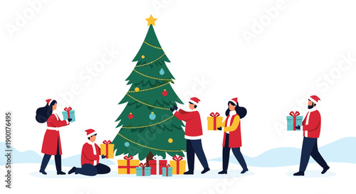 Joyful family gathers to decorate a festive Christmas tree, exchanging thoughtful gifts in a winter wonderland scene, capturing holiday spirit and togetherness