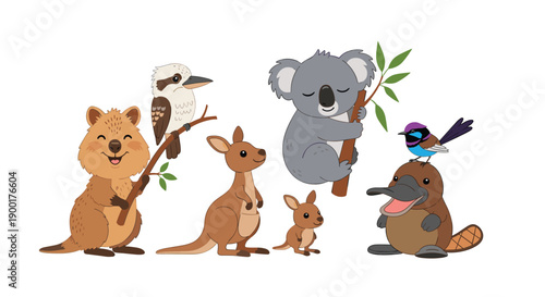 Adorable group of Australian wildlife including a quokka, kookaburra, kangaroos, a sleepy koala, platypus, and a fairy