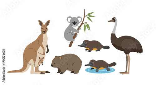 Diverse collection of Australian animals including a kangaroo with joey, koala, platypus, wombat, and an emu.