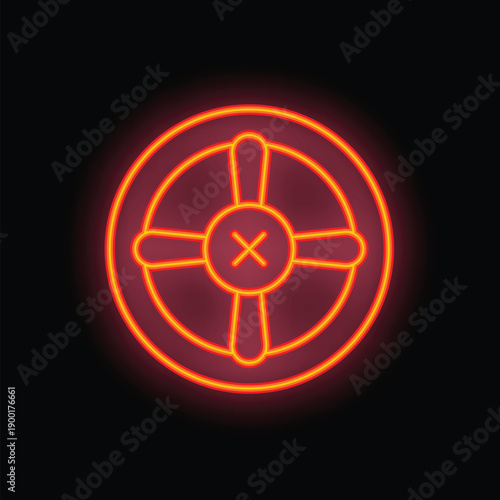 Neon sign in the shape of a ship steering wheel, glowing on a brick wall background