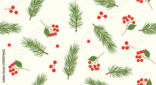 Festive winter pattern featuring delicate pine branches and vibrant red berries with a subtle hint of falling snow, perfect for holiday designs