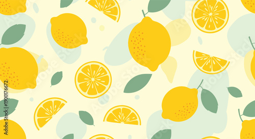 Vibrant seamless pattern of fresh yellow lemons and slices with green leaves, evoking a bright, zesty, and cheerful summer vibe perfect for food packaging or decor