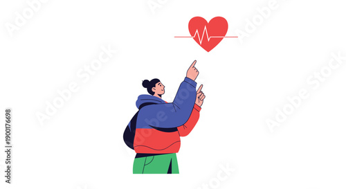 Person reaching towards a vibrant red heart with a digital heartbeat line, symbolizing health awareness, wellness journey, and medical care concepts.