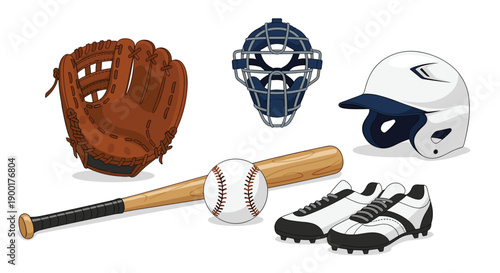 Assorted baseball gear including a catcher's mask, helmet, glove, bat, and cleats, laid out on a clean white surface.