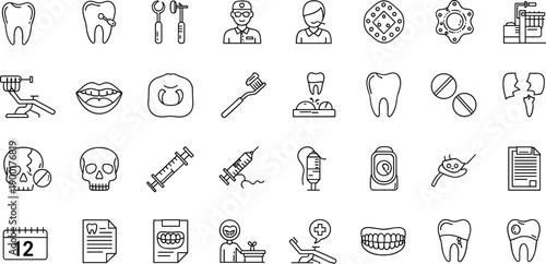 dental icons, oral health symbols, dentist tools, tooth care graphics, hygiene visuals, dental procedure elements, clinic equipment, medical illustrations, cavity treatment, dental anatomy