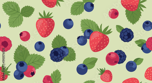 Vibrant berry pattern featuring strawberries, blueberries, raspberries, and blackberries with lush green leaves, perfect for summer designs and healthy food concepts