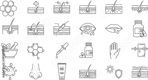 Dermatology icons, skincare treatment, medical health, cosmetic care, sun protection, hair follicle, injection therapy, herbal medicine, molecular compounds, SPF sunscreen