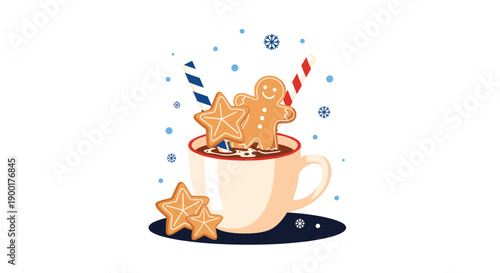 Delightful gingerbread man and star cookies float in a festive cup of hot chocolate, surrounded by whimsical snowflakes and straws for a perfect winter treat.