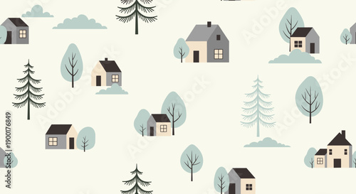 Charming minimalist village scene with cozy houses and stylized evergreen trees, perfect for winter holiday and seasonal decor projects