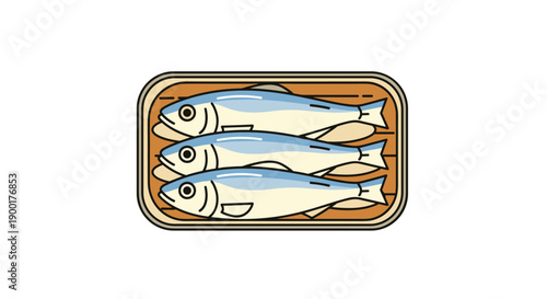 Vibrant illustration of three fresh sardines neatly arranged in a rustic tin, perfect for culinary inspiration, healthy eating, and coastal themes.