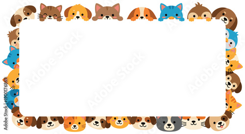 Cute cartoon animals forming a full rectangular frame around a central white space, ideal for children's designs.