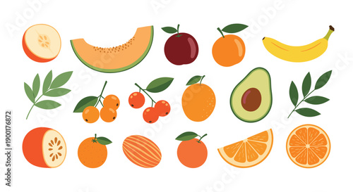 Vibrant collection of fresh fruits and leaves, perfect for healthy eating campaigns and culinary designs, offering a delightful visual feast of natural goodness and vibrant flavors