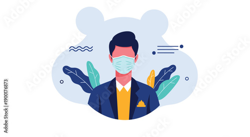 Professional businessman confidently wears face mask for safety and health awareness amidst modern abstract background with foliage elements
