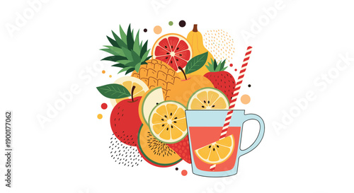 Vibrant, fresh fruit medley bursting with color and flavor, featuring a refreshing citrus drink perfect for summer promotions and healthy lifestyle branding