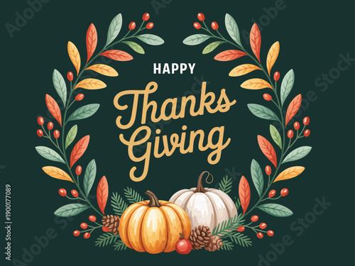 A Festive Happy Thanksgiving, Greeting Card Illustration Featuring Autumn Leaves, Pumpkins, and Berries in a Wreath Design