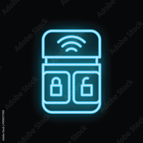 Glowing neon icon of a smart car key with remote control locking system on a black background